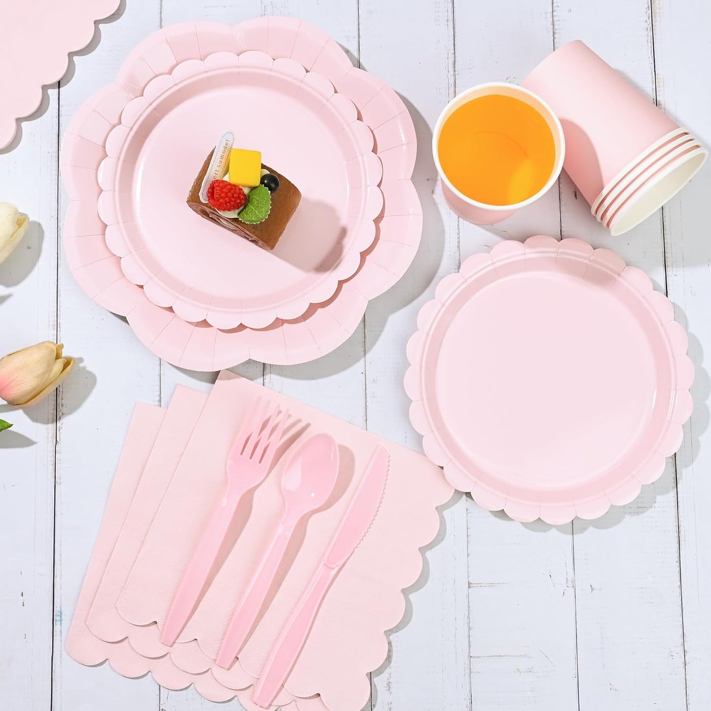 175 Pcs Light Pink Plates Cups and Napkins Set, Pink Scalloped Dessert Plates Party Supplies for 25 Guests Include Disposable Pink Party Plates Napkins Cup Cutlery for Baby Shower Wedding Birthday