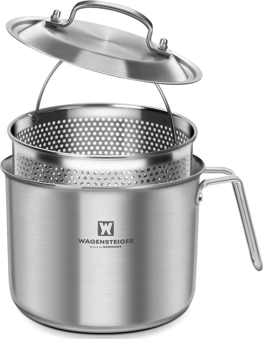 Stainless Steel Vegetable Egg Steamer Pot Saucepan Pasta Stovetop Cooker with Perforated Basket, Small Sized for Single or Double Servings (2.3Liter / 2.43Quarts)