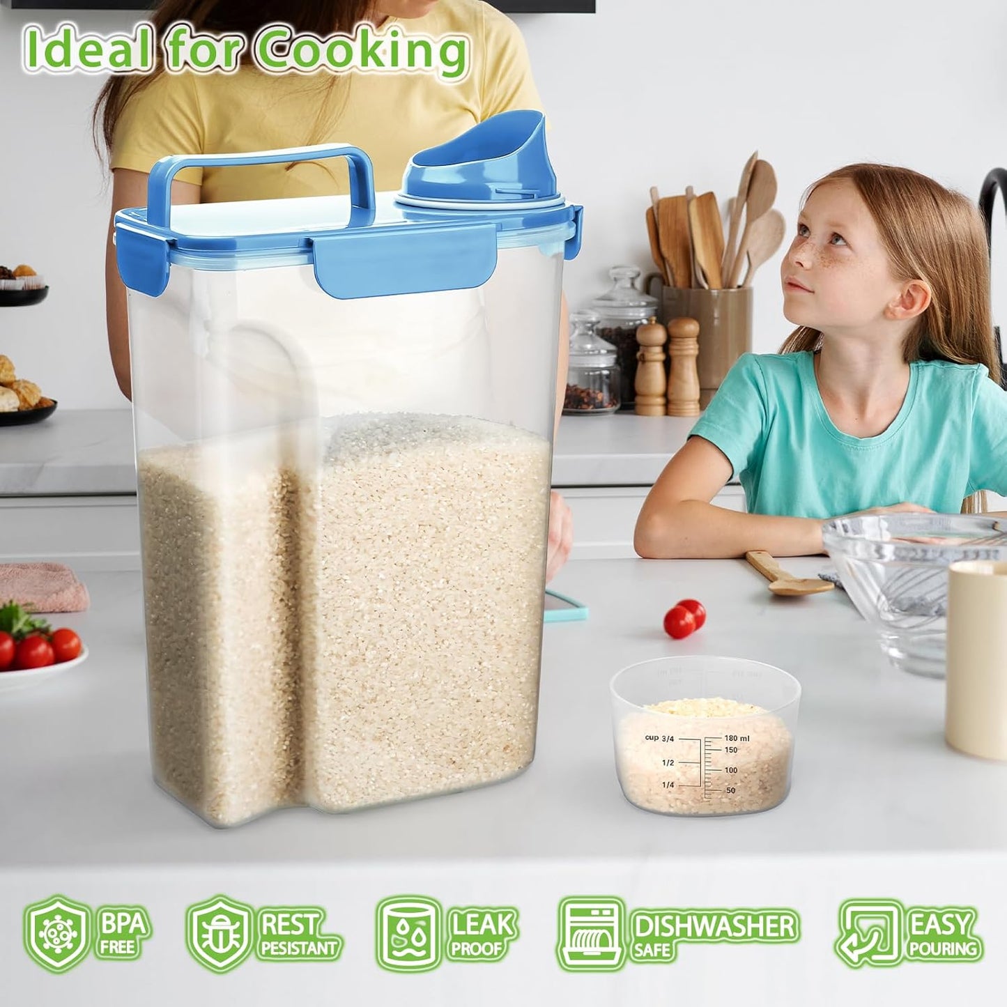 Rice Storage Container, 5 to 10lb Dry Food Airtight Dispenser, Pet Dog Cat Food Canister, BPA Free Clear Plastic Kitchen and Pantry Organization Bin for Oatmeal, Grain, Cereal, Pasta, Flour