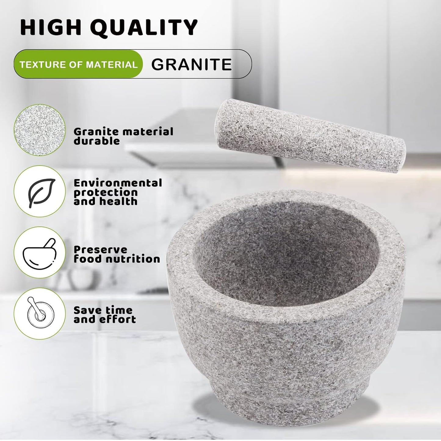 Mortar and Pestle Set,Heavy Duty,Unpolished Granite,6 Inch-2Cup Capacity,Grinder for Spices and Seeds,Grinding,Crushing and Mashing Spices,Nuts,for Guacamole,Garlic Sauce,Gray.