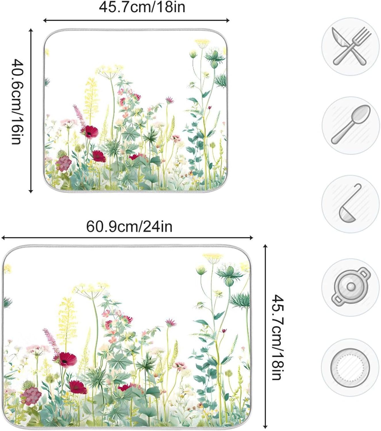 Spring Summer Herbs Flowers Plants Dish Drying Mat for Kitchen Counter Absorbent Dish Drainer Mats Drying Pads 16"x18"