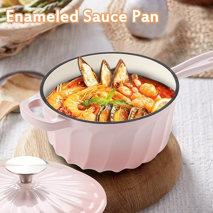 Enameled Cast Iron Sauce Pan, 2 Quart Enameled Saucepan with Lid, Mini Dutch Oven Enamel Saucepan for Cooking Pasta Sauce, Gravy, Puddings, Marinate, Boiling (Gradient Pink)