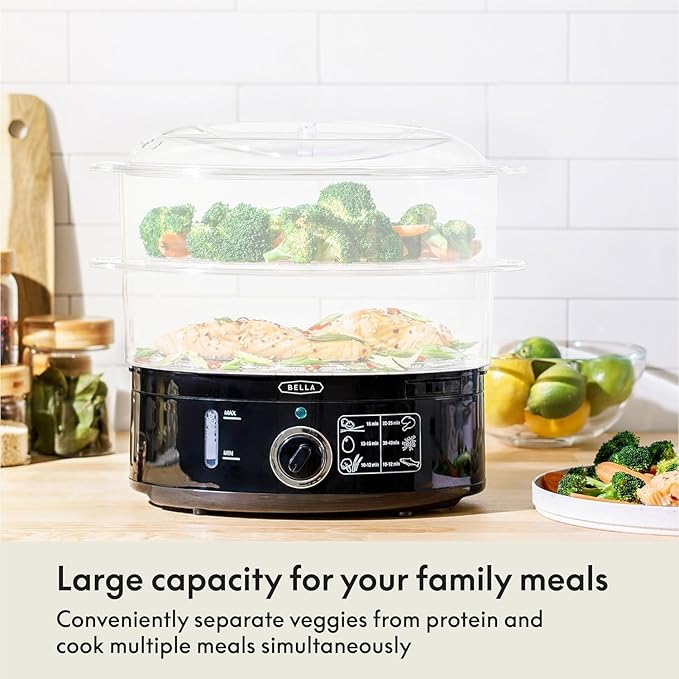 BELLA Two Tier Food Steamer with Dishwasher Safe Lids and Stackable Baskets & Removable Base for Fast Simultaneous Cooking - Auto Shutoff & Boil Dry Protection, Stainless Steel, 7.4 QT, Black