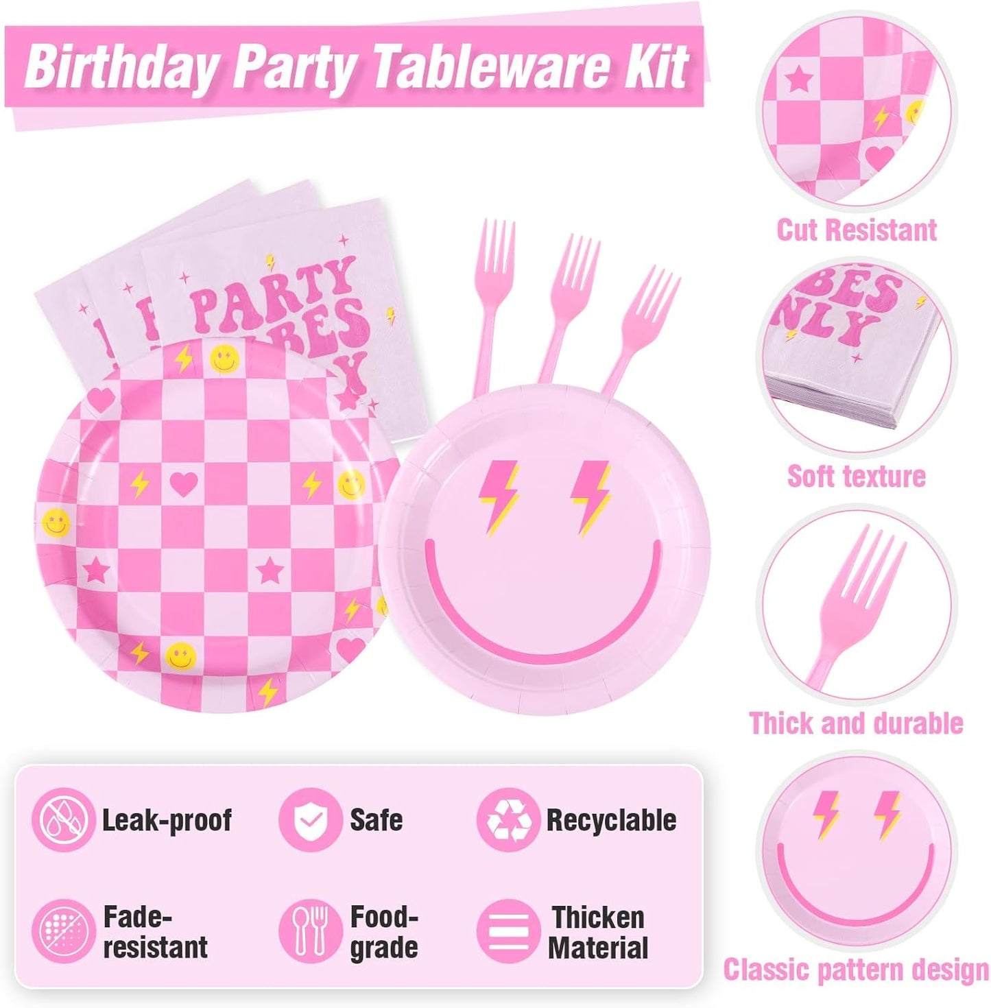 160Pcs Preppy Smile Face Party Tableware Set Pastel Paper Plates Napkins Preppy Smile Face Dinnerware for Birthday Party Baby Shower Decoration Serve 40 Guest