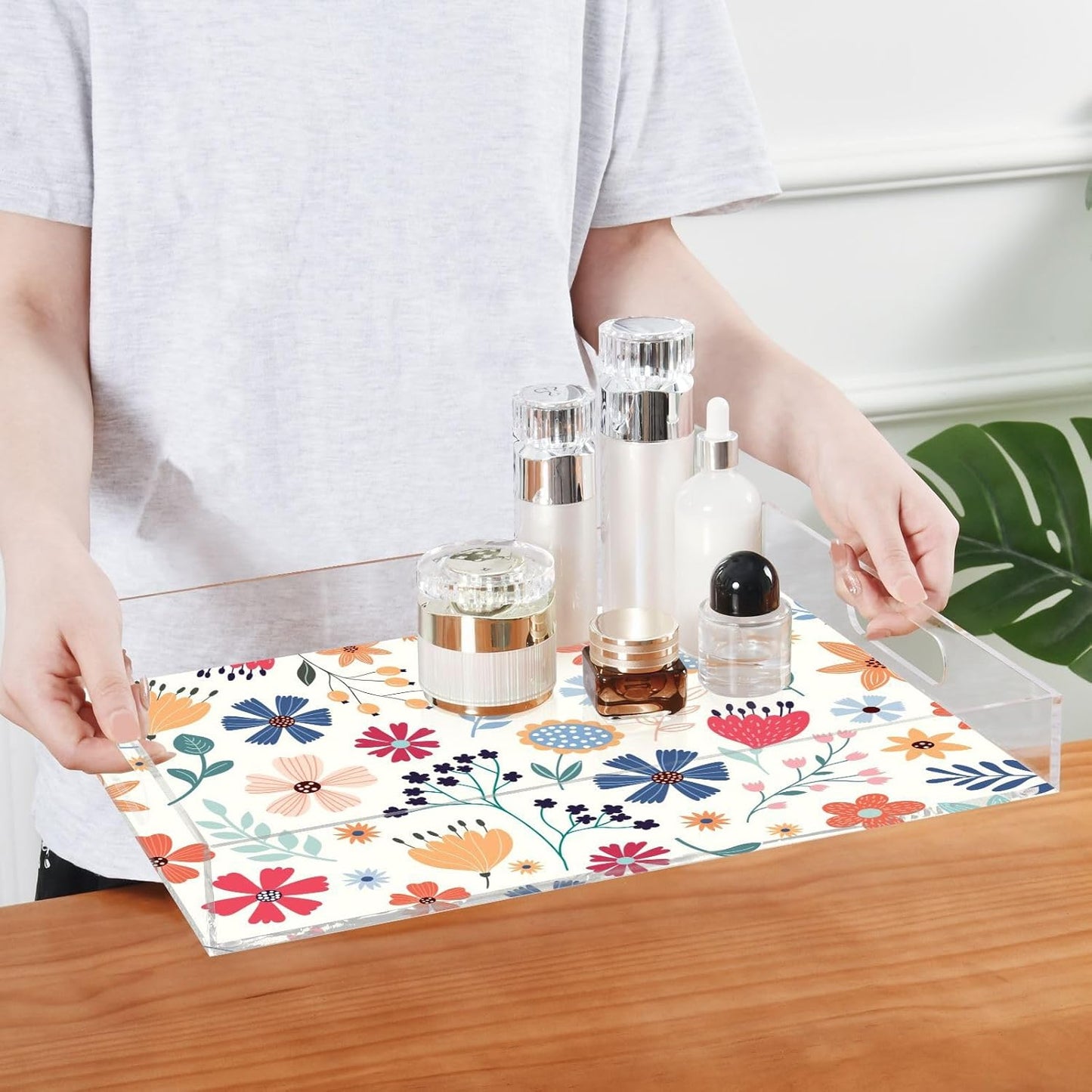 Acrylic Serving Tray with Handles Spill Proof Kitchen Storage Tray Clear Decorative Tray Makeup Drawer Organizer Storage Tray for Bathroom Living Room Ottoman 15.7x11.8Inches