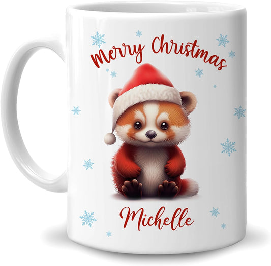 Hyturtle Personalized Gifts Red Panda Lover - Red Panda Wearing Santa Hat Custom Name Ceramic Coffee Mug Cup 11oz - Cute Animal Lovers Gifts For Women, Girl kids Family On Birthday, Christmas