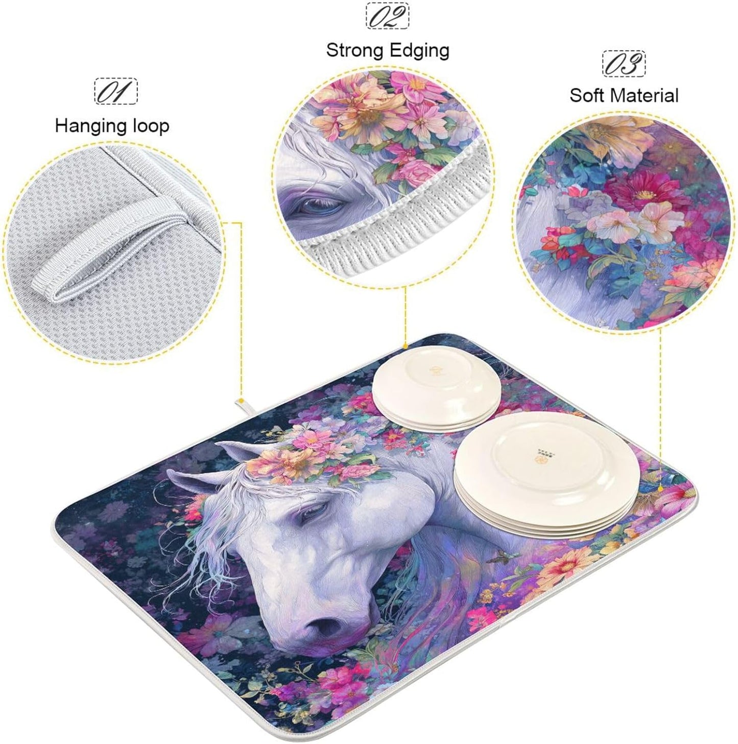 White Horse with Colorful Flowers Dish Drying Mat for Kitchen Counter Super Absorbent Dishes Pad Reversible Microfiber Protector Dish Draining Mats 16x18 inch