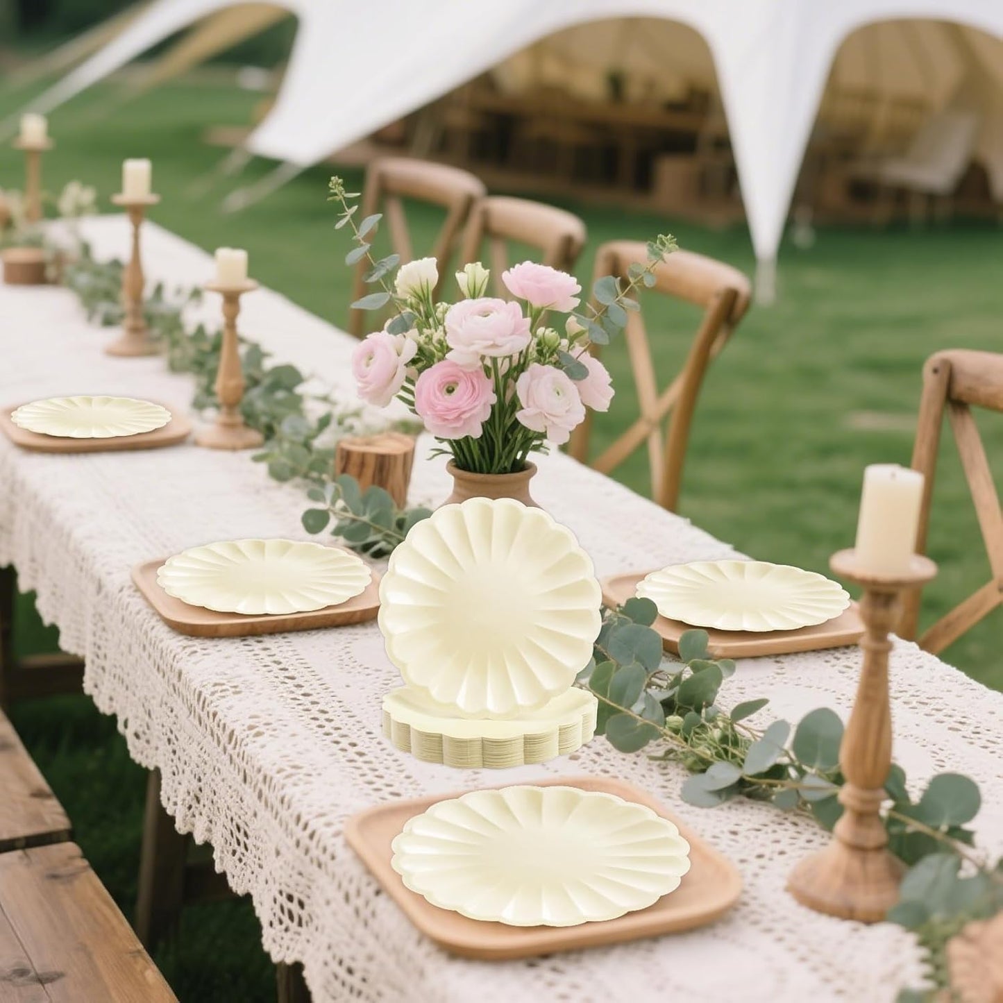 50Pcs Large Scalloped Cream Paper Plates 7Inch Shell Edge Dessert Plates for Cake Salad Fruit Disposable Dessert Serving Plates for Birthday Wedding Baby Shower Party Decorations