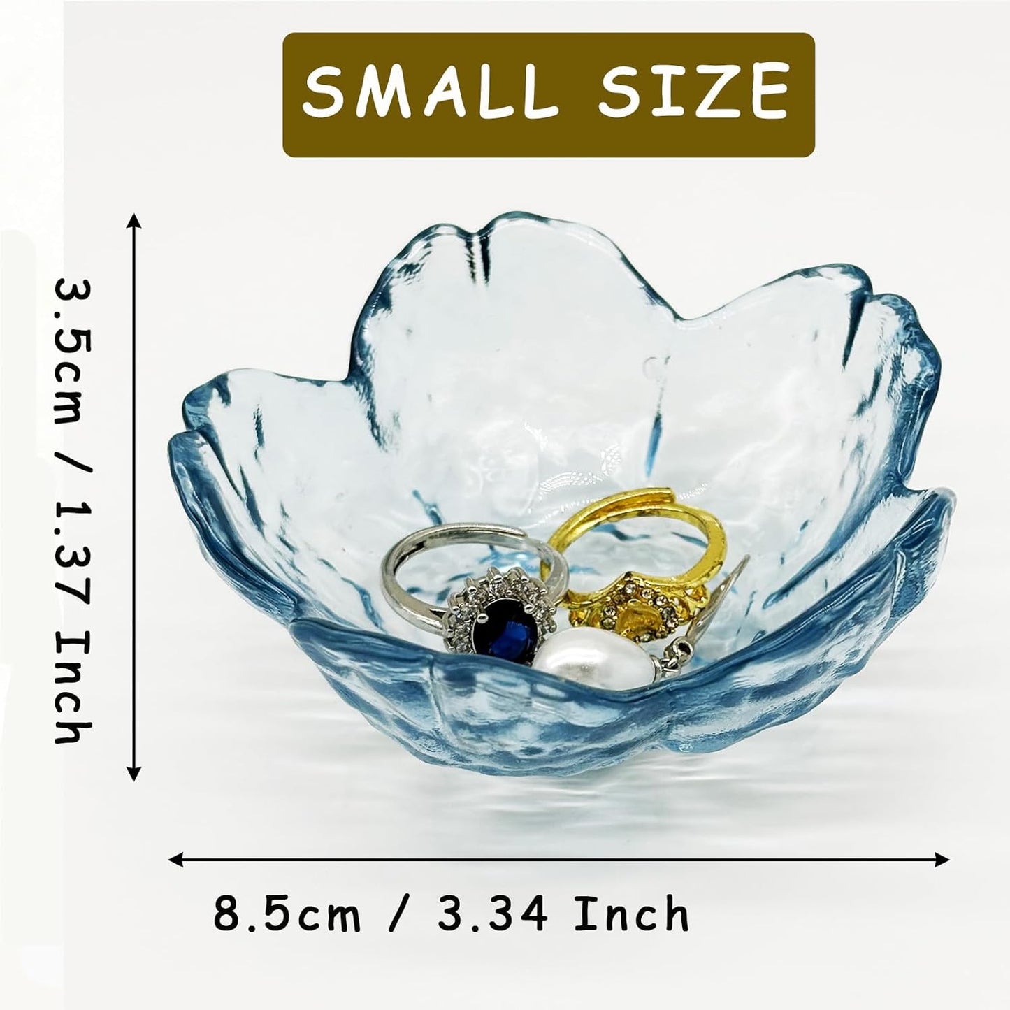 Flower Ring Dish Jewelry Tray, Glass Jewelry Dish Tray, Aesthetic Room Decor Small Trinket Dish, Nightstand Jewlery Ring Holder Dish, Bathroom Jewelry Plate Bowl for Rings Earrings Wife Gift (Blue)