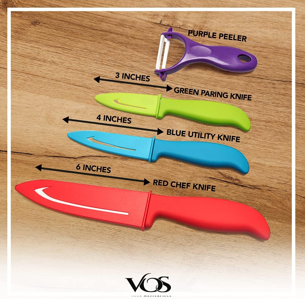 Vos Ceramic Knife Set with Peeler, Ceramic Knives Set For Kitchen, Ultra Sharp Kitchen Knife Set with Covers, 3" 4" 6" Paring, Utility & Chef Knife, Lightweight, Dishwasher safe (Multi-Color Handle)