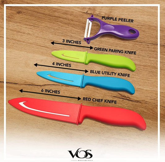 Vos Ceramic Knife Set with Peeler, Ceramic Knives Set For Kitchen, Ultra Sharp Kitchen Knife Set with Covers, 3" 4" 6" Paring, Utility & Chef Knife, Lightweight, Dishwasher safe (Multi-Color Handle)