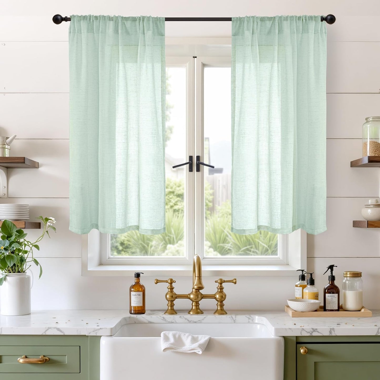 BGment Sage Green Linen Curtains 40 Inch Length for Short Kitchen Cafe Windows - Small Drapes Lightweight Country Boho Rustic Decor for Office Over Sink Rod Pocket, 2 Panels Set, 30 X 40 Inch