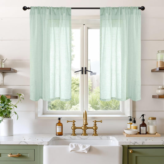 BGment Short Sage Green Linen Semi Sheer Curtains 45 Inch Length for Kitchen Cafe Windows - Small Half Window Drapes Lightweight with Rod Pocket for Bathroom, 2 Panels Set, 30 X 45 Inch