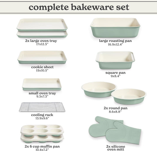 Country Kitchen Nonstick Stackable Bakeware Set - Deluxe Heavy Duty, Durable, Easy Release Baking Set, Sage, 13 Pcs with Handles