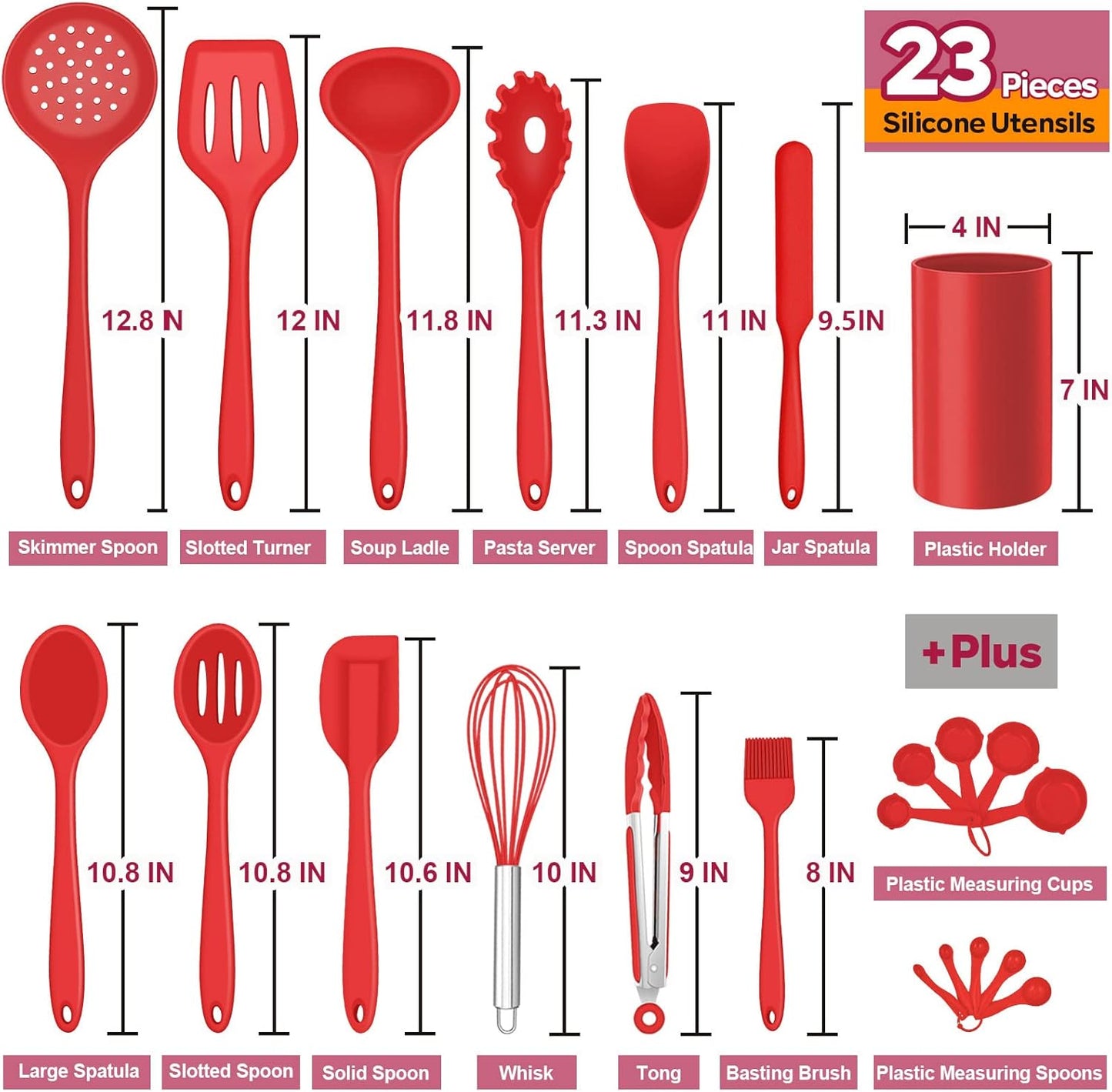 Silicone Kitchen Utensils Set, E-far 23 Pcs Red Cooking Utensils Tools with Holder for Nonstick Cookware, Include Spatula/Spoon/Ladle/Tongs/Turner, Heat Resistant & Nontoxic, Dishwasher Safe