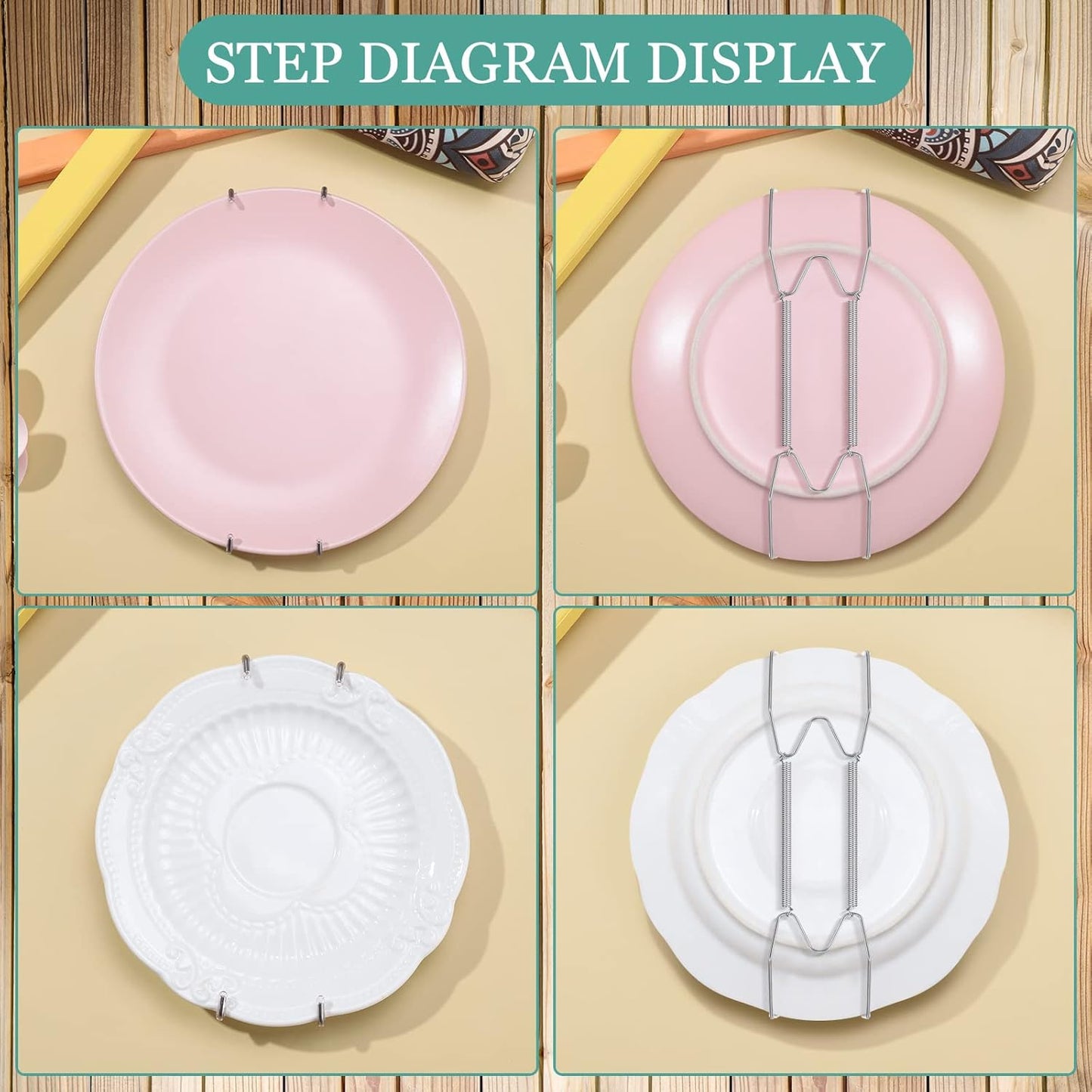 Hotop 12 Pieces Plate Hangers for Wall 6/8/10 Inch Stainless Steel Wire Invisible Plate Hangers Heavy Duty Display Holders with 12 Pieces Hooks for Wall Decorative(Silver)