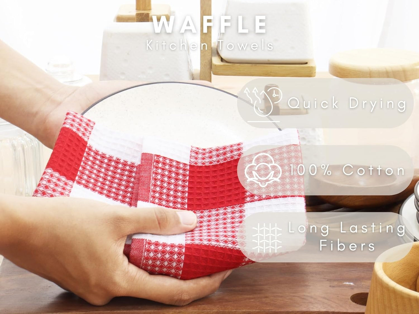 PurpleEssences 100% Cotton Waffle Weave Check Plaid Kitchen Towels, Super Soft and Absorbent Dish Towels for Drying Dishes 15 x 25-6 Pack - Fall Thanksgiving - Red and White