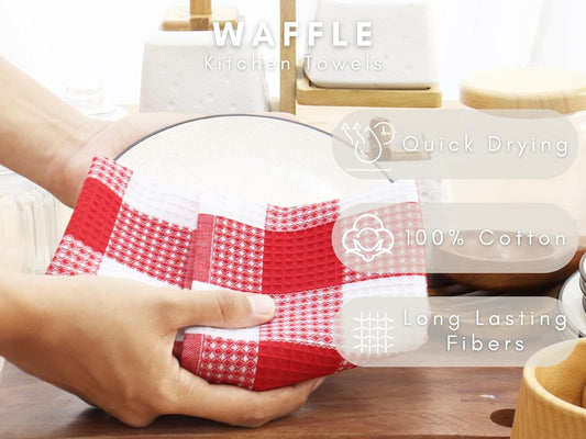 PurpleEssences 100% Cotton Waffle Weave Check Plaid Kitchen Towels, Super Soft and Absorbent Dish Towels for Drying Dishes 15 x 25-6 Pack - Fall Thanksgiving - Red and White