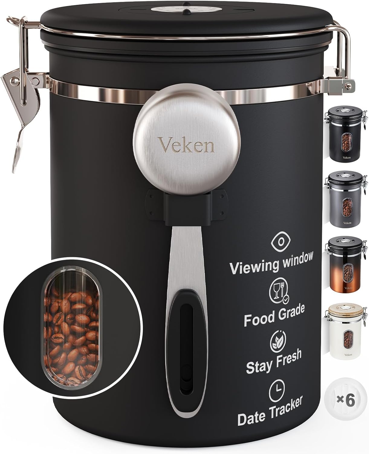 Veken Coffee Canister with Window,Airtight Stainless Steel Container,Home Kitchen Food Storage Organizers for Grounds,Beans,Espresso,Rice,Tea,Sugar,Cereal, Flour,Scoop,Bar Accessories,Gifts,22OZ,Black