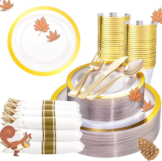 Liacere 350PCS Clear Gold Plastic Plates for 50 Guests Dinnerware Include 100 disposable Plates 150 Gold Silverware 50Napkins for Party&Wedding&Thanksgiving&Fall Decor