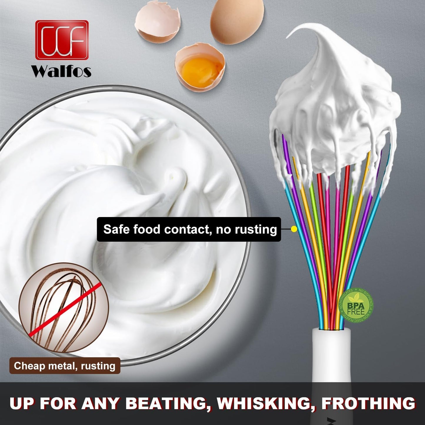 Walfos Whisk,5+7+9+11in Silicone Whisks for Cooking,Rainbow Wisk for Non-Stick Cookware,Balloon Egg Whisks Perfect for Blending,Baking,Beating,Minxing.BPA Safe and Dishwasher safe.Colorful 4pcs.