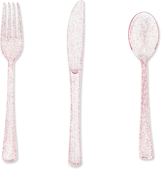 180PCS Rose Gold Plastic Silverware Set, Disposable Glitter Gold Cutlery, Flatware Set, 60 Forks, 60 Spoons, 60 Knives, Valentine's day Fancy Party Utensils