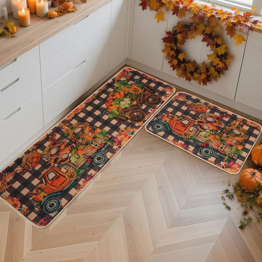 Larponder Fall Pumpkin Gnome Truck Kitchen Mats Set of 2, Non-Slip Absorbent Rug and Door Mats, Home Decor Kitchen Floor Rugs for Autumn Harvest Thanksgiving Holiday - 17x24 and 17x48 Inch