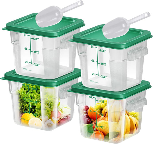 4 pcs 6qt Food Storage Containers with Lid, Square Clear Commercial Storage Containers with Handle and Scale for Food Storage in Home Kitchen & Dining (Green)