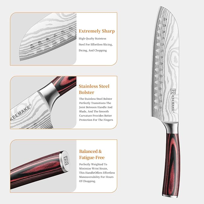 KEEMAKE 7 Inch Japanese Santoku Knife, Ultra-Sharp 1.4116 High Carbon Steel Blade with Pakkawood Handle, Professional Chef's Knife for Kitchen w/Sheath and Gift Box