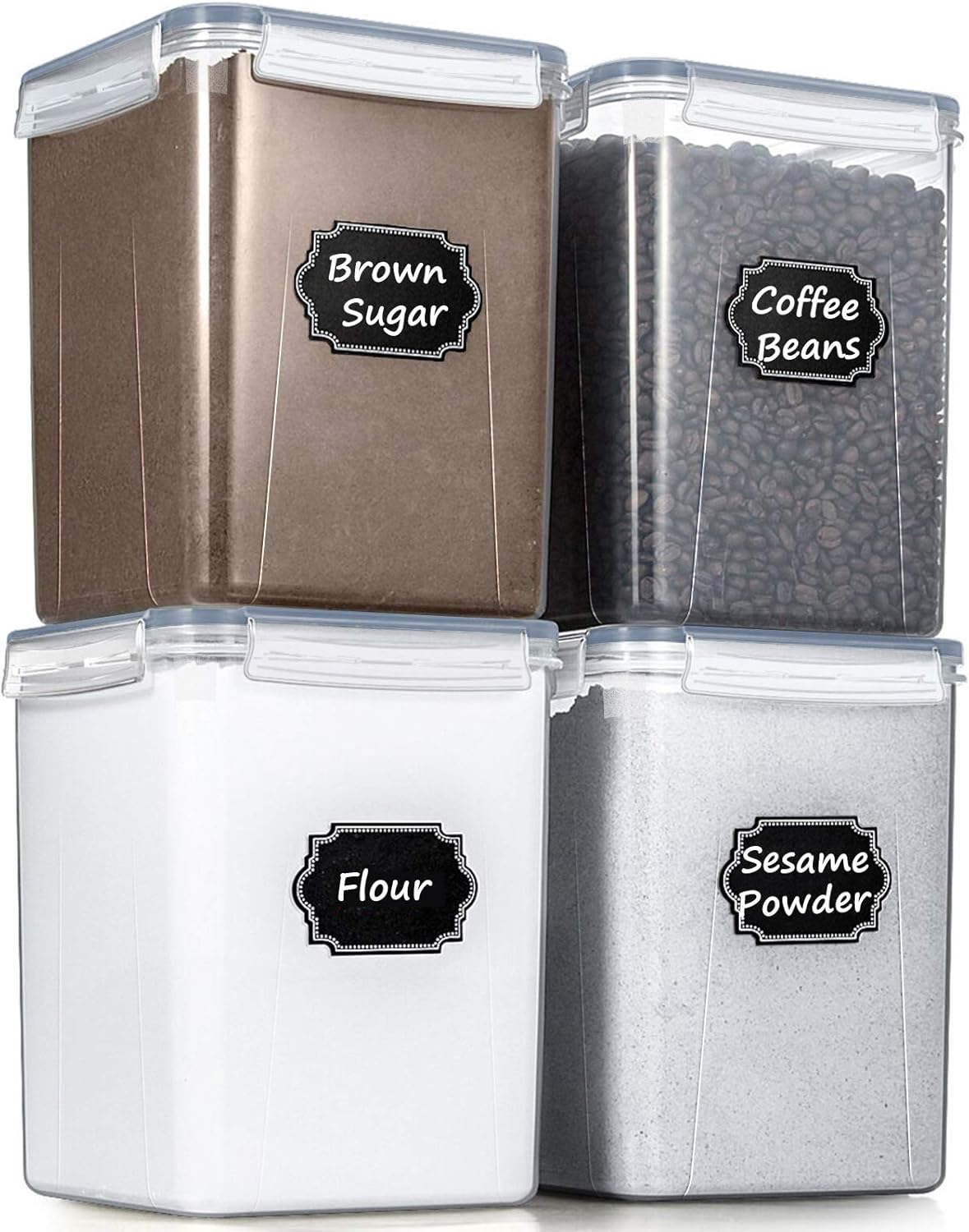Wildone Large Food Storage Containers 5.2L /175oz, 4 Piece BPA Free Plastic Airtight Food Storage Containers for Flour, Sugar, Baking Supplies, Kitchen & Pantry Containers with 20 Labels - Gray