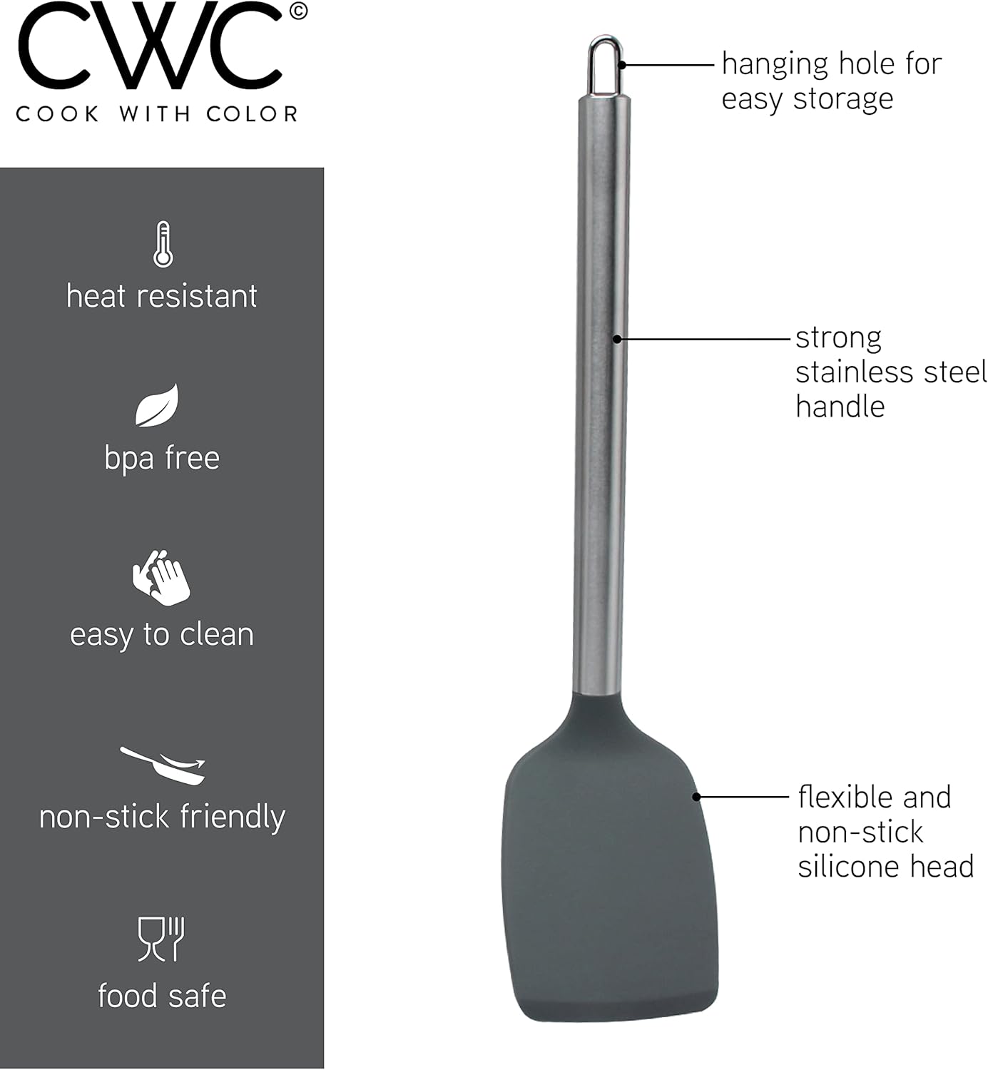 COOK WITH COLOR Silicone Cooking Utensils, Kitchen Utensil Set, Easy to Clean Silicone Kitchen Utensils, Cooking Utensils for Nonstick Cookware, Kitchen Gadgets Set, 5 Pieces, Gray - Stainless Steel