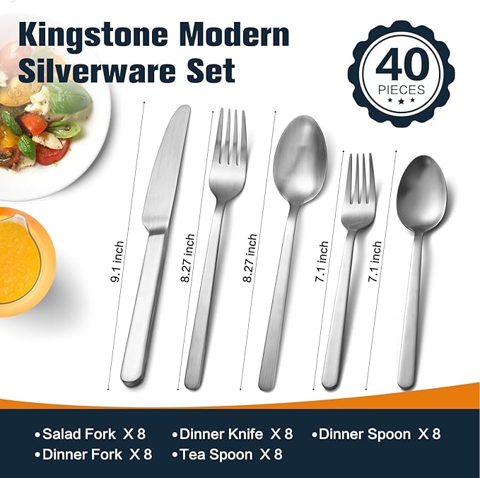 KINGSTONE Forged Silverware Set, 40-Piece Matte Flatware Set for 8, 18/10 Stainless Steel Silverware Cutlery Set Matte Satin Finish (Matte Silver)