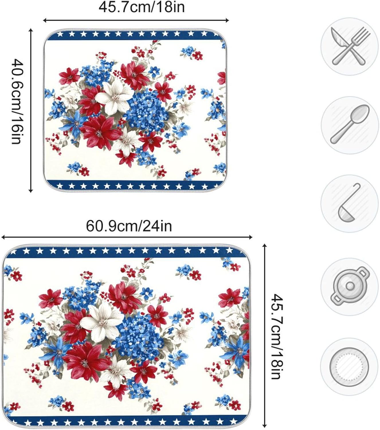 Flowers and Stars Dish Drying Mat for Kitchen Counter Super Absorbent Dishes Pad Reversible Microfiber Protector Dish Draining Mats 16x18 inch