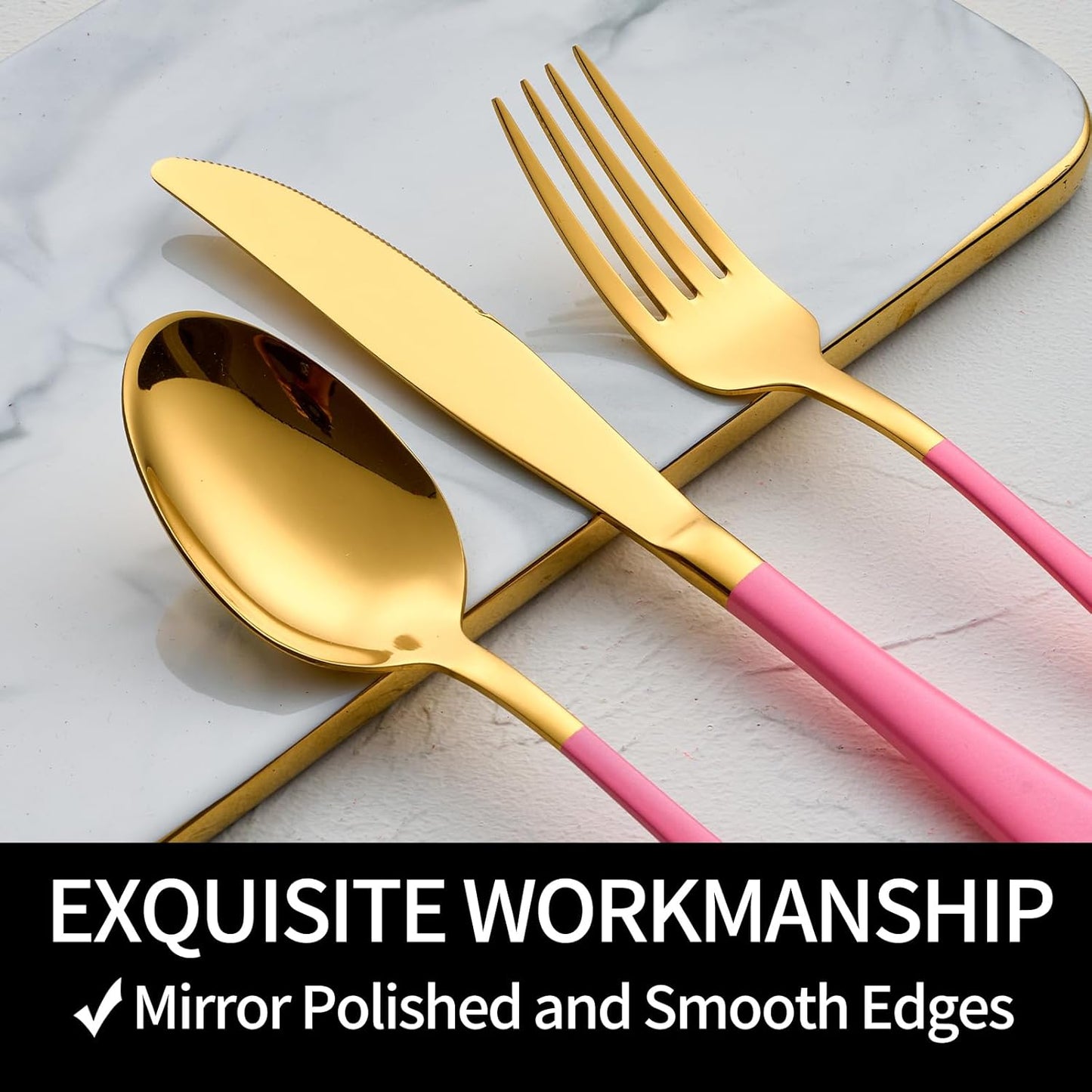 20-Pieces Gold and Pink Silverware Sets for 4,Pink Handle Stainless Steel Cutlery Set, Include Forks Spoons and Knives Set, Dishwasher Safe Utensil Sets for Home Restaurant