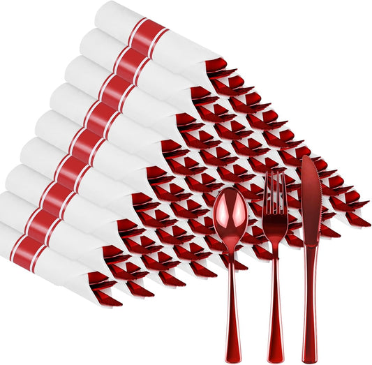 60Pack Red Pre Rolled Plastic Silverware - Wrapped Red Disposable Cutlery with Napkins, Heavy Duty Rolled Plastic Silverware Set, Disposable Utensils with Dinner Napkins for Party