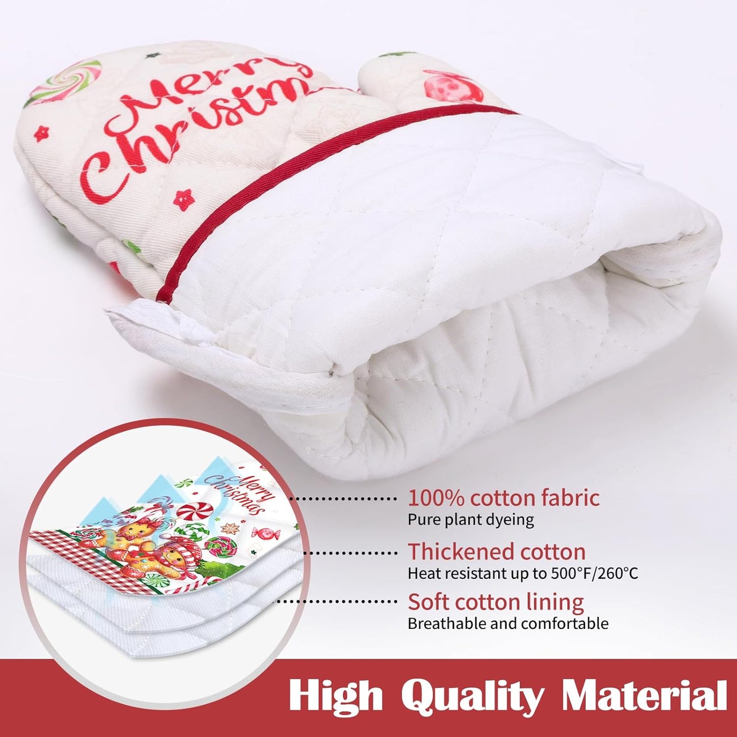 Christmas Gingerbread Oven Mitts and Pot Holders Sets 2Pcs, 100% Cotton Heat Resistant, Extra Long Oven Gloves Potholder for Kitchen Cooking Baking Decoration