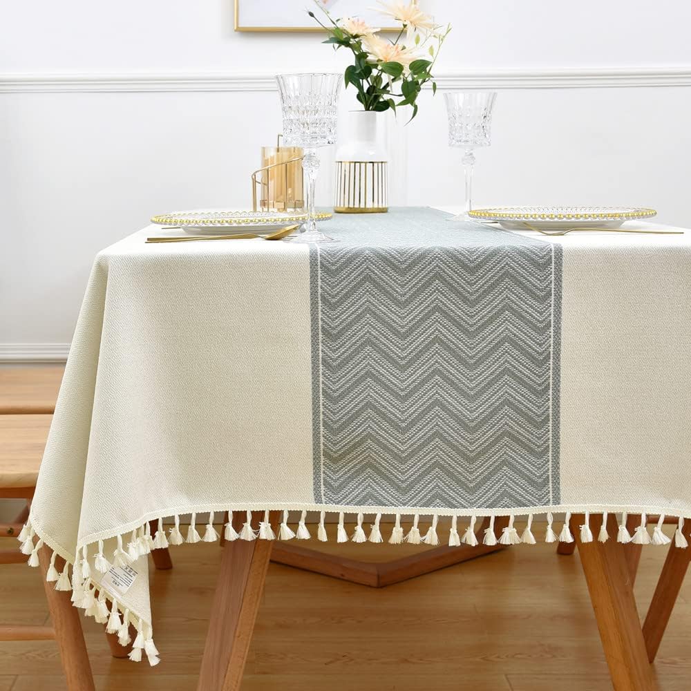 Heavy Duty Cotton Linen Table Cloth, Rectangular, White, 52x120 inch, Farmhouse Style, Checkered Pattern, Heavy Weight, Machine Washable