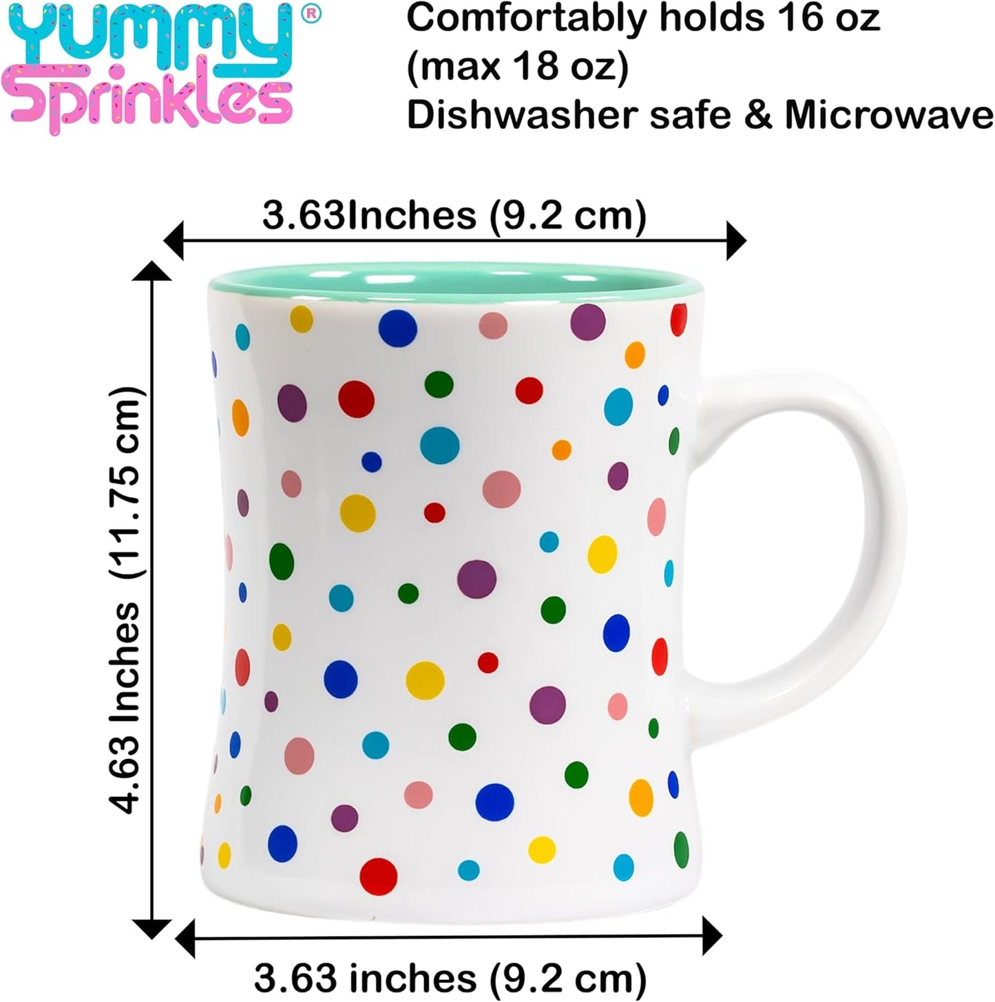 Mint Green Cute Coffee Mug with Confetti Polka Dot Rainbow Sprinkles | Birthday Cake Coffee Cup Gift |Fun Colorful Pattern | Large White Ceramic Cup with Green, Yellow, Red, Pink, and Blue Sprinkles