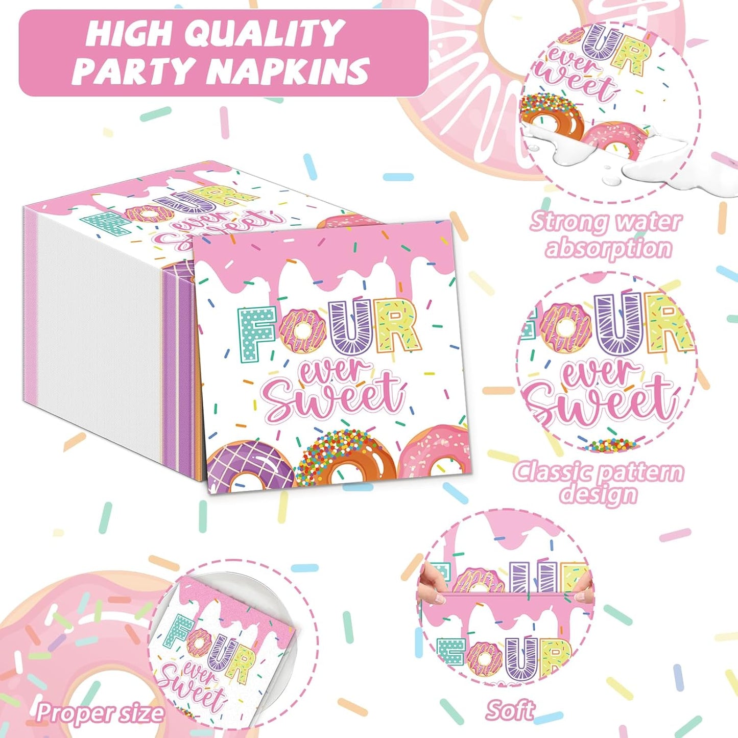 ZOIIWA 200 PCS 4th Birthday Donut Tableware Disposable Four Sweet Plates Napkins Party Supplies Donut Themed Dinnerware Set 4th Birthday Pink Party Baby Shower Decoration Serve 50 guest