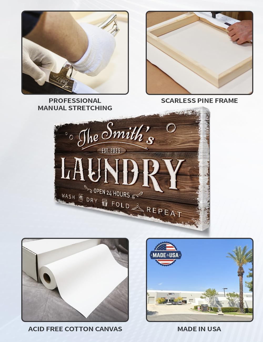 IPIC - Personalized Laundry Room Sign, Custom Canvas Wall Art with Family Name, Rustic Home Decor Printed Acid-Free Cotton Canvas for Business and Home, Made in USA and Ready to hang for Laundry Decor