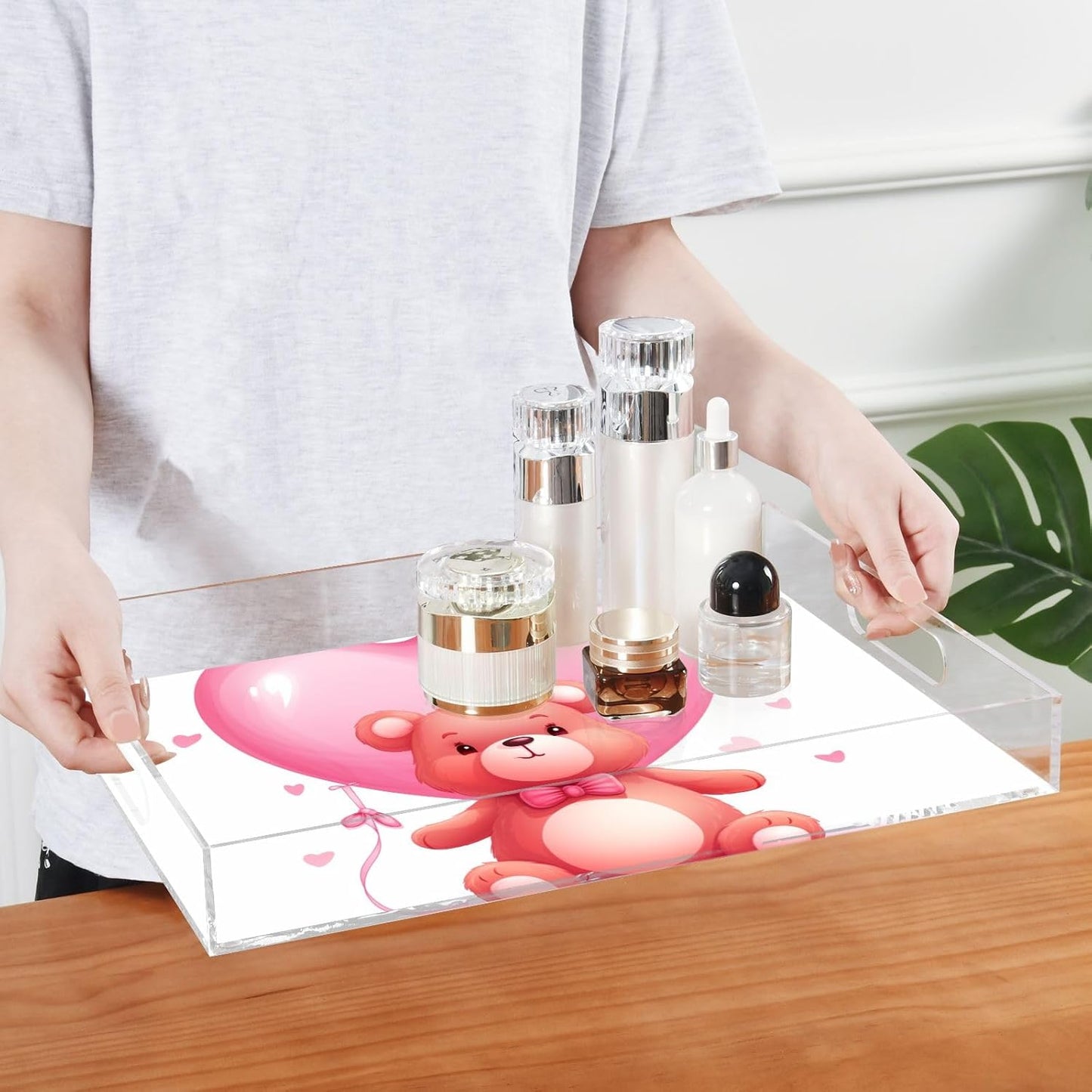 Plastic Food Serving Tray Decorative Vanity Trays for Bathroom Bear Heart 1 Coffee Table Kitchen Counter 11.8 * 15.7in