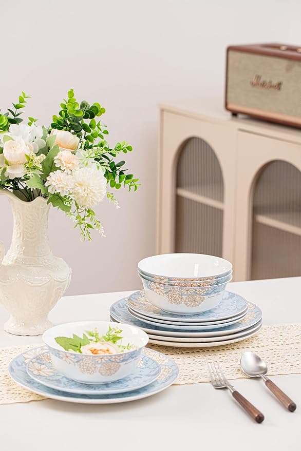 Bone China Plates and Bowels,12-Pieces Dinnerware Sets, Highly Chip and Crack Resistant, Dishwasher & Microwave Safe Dishes Set, Dense and Translucence