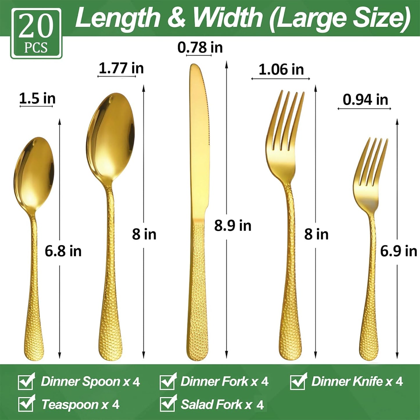 20 Pcs Gold Silverware Set for 4 with Hammered Design, Food Grade Stainless Steel Flatware Set, Eating Utensils Sets Include Fork/Knife/Spoon, Cutlery Set, Dishwasher Safe
