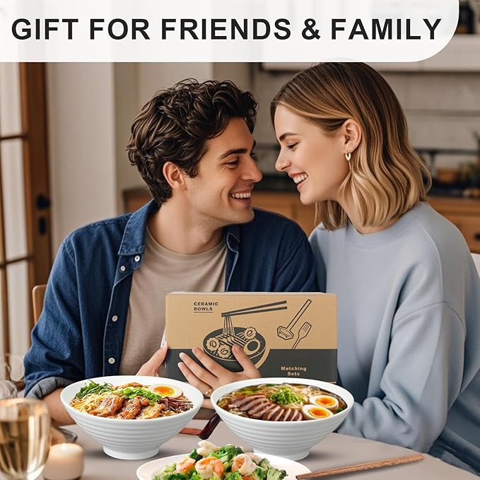 9.4Inch Ceramic Ramen Bowl Set of 4 (17 Piece) - Porcelain Japanese Salad Noodles Cereal Fruit Pasta Soup Large Bowls with Recipes Chopsticks Forks Spoons for Men Women Gift Microwave Dishwasher Safe