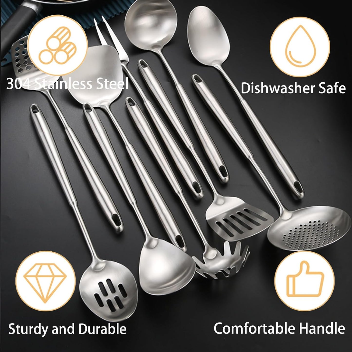 10 PCS Stainless Steel Kitchen Utensil Set Cooking Utensils, Potato Masher Solid Spoon Slotted Spoon Fork Spatula Ladle Skimmer Spoon Slotted Spatula Tunner Spaghetti Spoon Large Spoon
