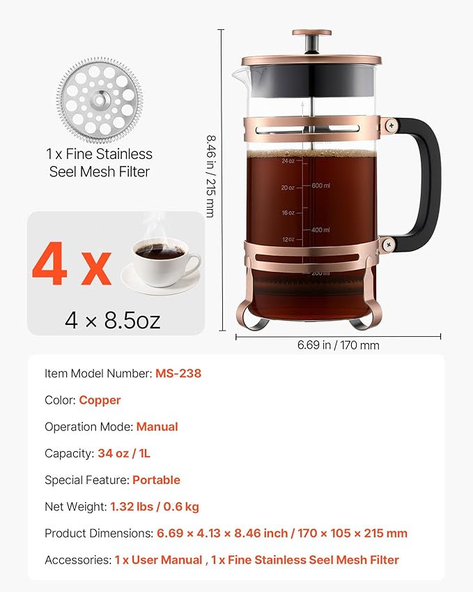 VEVOR French Press Coffee Maker, 34 Ounce 1 Liter Borosilicate Glass Coffee Press Tea Maker with Stainless Steel Filter, Large Glass French Presses Cold Brew for Camping Travel Home Kitchen, Copper