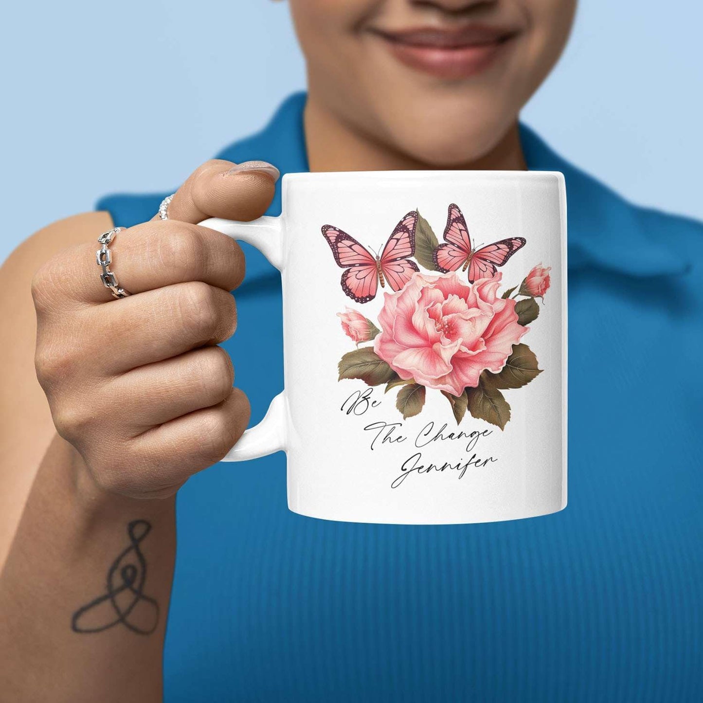 Great Custom Be The Change Tea Cups, Personalized Name On Porcelain Butterfly Travel Mug With Flowers Details, Customized Colorful Butterfly Coffee Cup For Animal Lover On Birthday