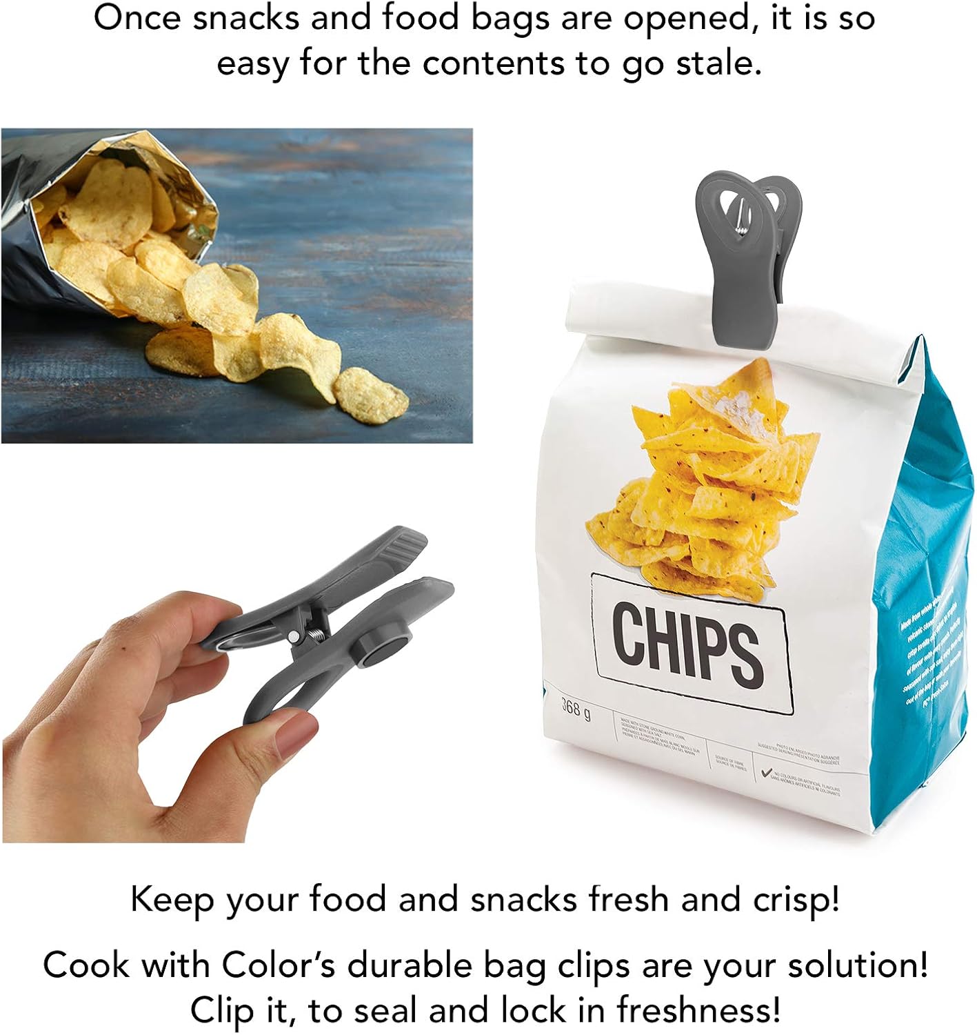 COOK WITH COLOR Bag Clips with Magnet- Food Clips, Chip Clips, Bag Clips for Food Storage with Airtight Seal Grip for Bread Bags, Snack Bags and Food Bags (Grey, Pack of 20)