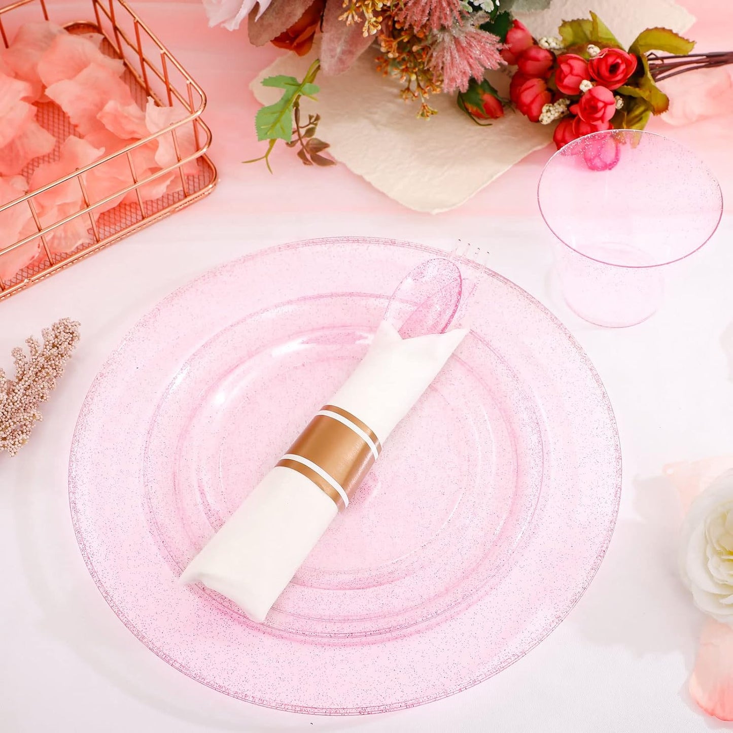 DaYammi 350PCS Rose Gold Glitter Dinnerware Set 50 Guest for Party- 50 Pink Plastic Dinner Plates, 50 Dessert Plates- 50 Per Rolled Napkins with Rose Gold Glitter Cutlery - 50 Cups 9 OZ