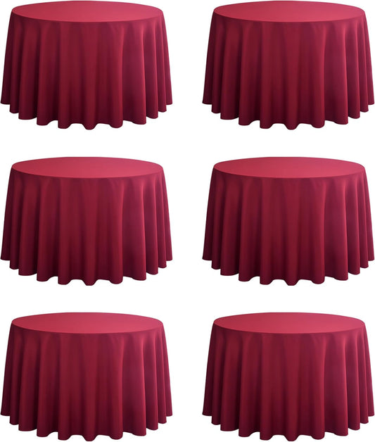 6-Pack Round 108-inch Burgundy Table Cloths, Solid Stain and Wrinkle Resistant Circular Tablecloth, Premium Plain Weave Polyester Fabric Table Linen Covers for Hotel, Banquet